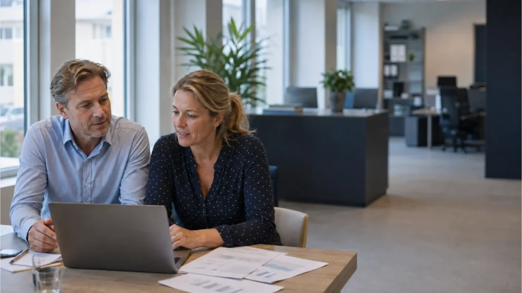 Twee collega's bekijken samen cijfers achter een laptop