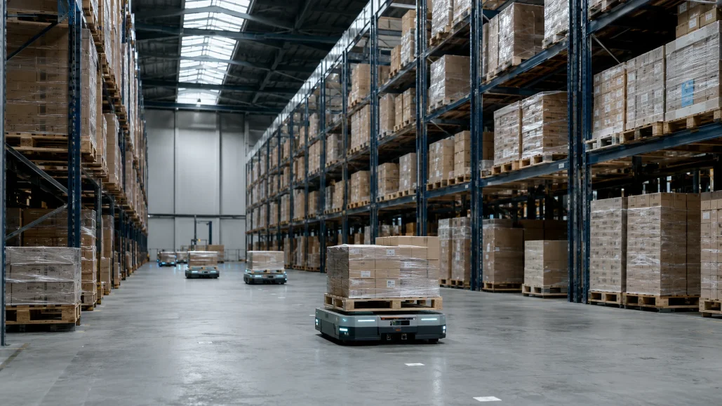 Automatische transportrobots rijden met pallets door een geautomatiseerd magazijn