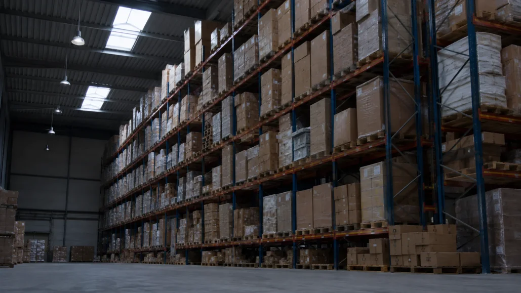 Hoge magazijnstellingen volledig gevuld met dozen op pallets