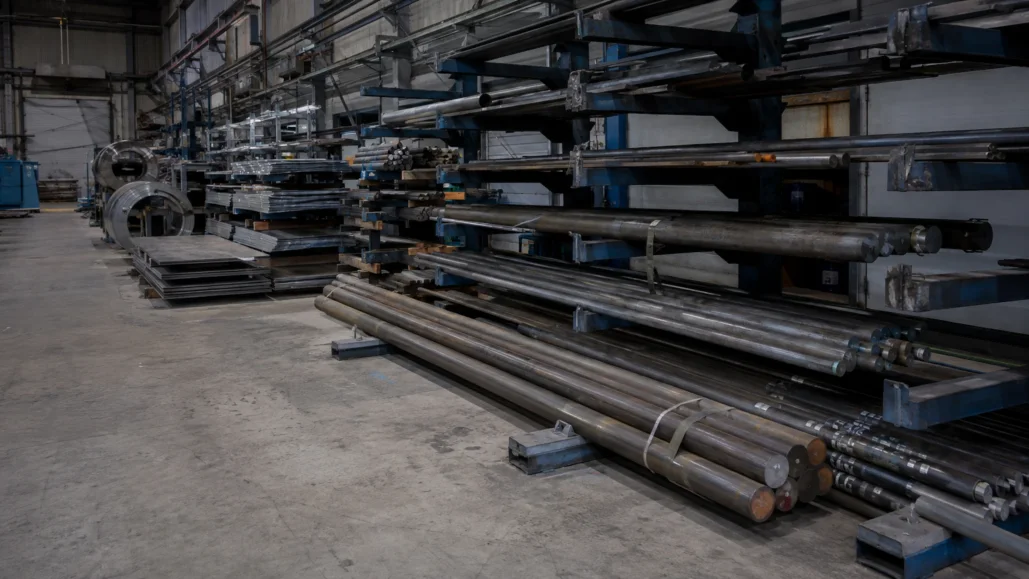 Voorraad staal: buizen, staven en plaatmateriaal in stellingen in een fabriekshal