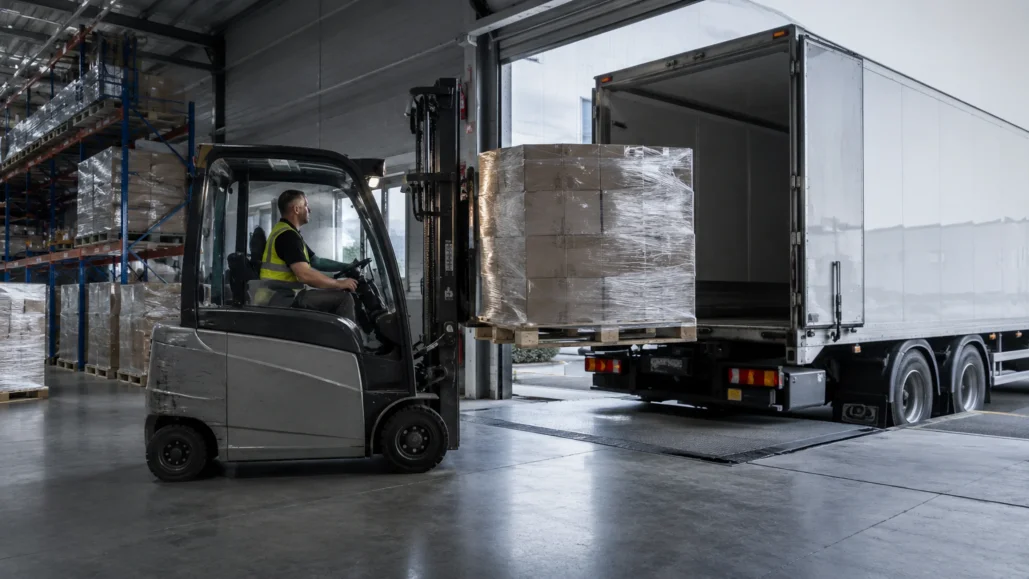 Heftruck laadt een gewikkelde pallet in een trailer aan het laaddock