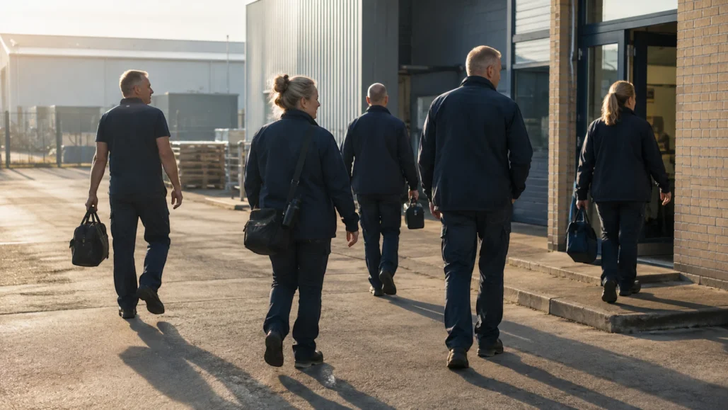 Ploeg medewerkers loopt met gereedschapstassen naar de ingang van een bedrijfspand