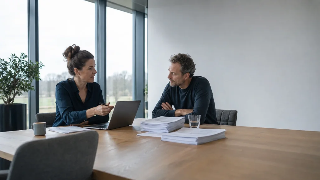 Vrouw en man in overleg aan een tafel met een laptop en een stapel facturen