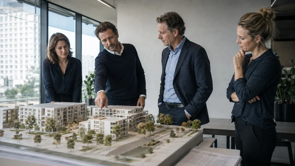 Vier mensen bekijken een maquette van een woningbouwproject