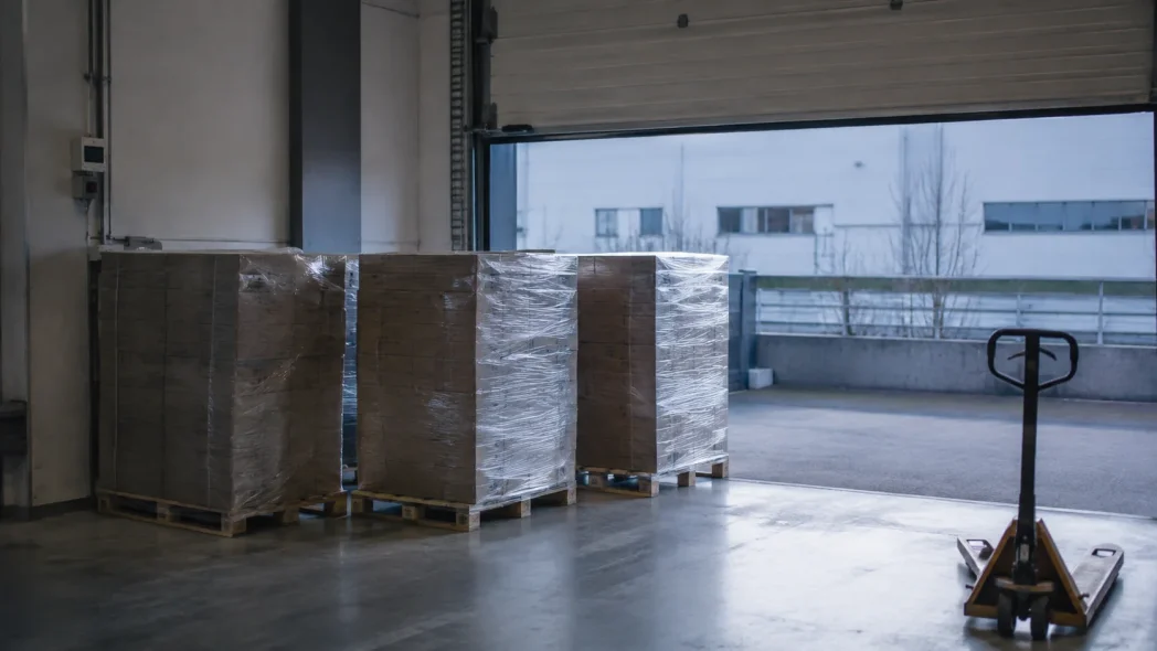 Drie gewikkelde pallets bij een open laaddeur met een palletwagen