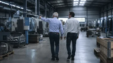 Twee mannen lopen door een machinehal, een van hen wijst naar voren