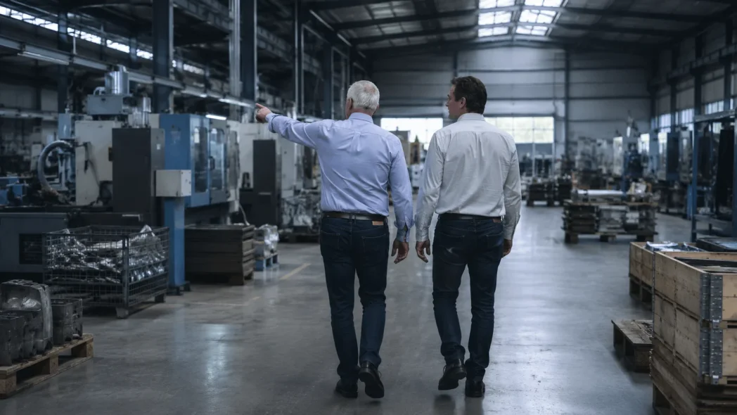 Twee mannen lopen door een machinehal, een van hen wijst naar voren