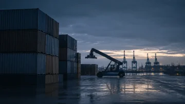 Containerstapels en een reachstacker in de haven bij schemer