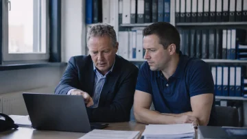 Adviseur wijst iets aan op een laptop naast een ondernemer, ordners op de achtergrond