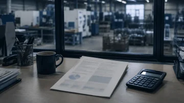 Rapport met grafieken en een rekenmachine op een bureau bij de machinehal