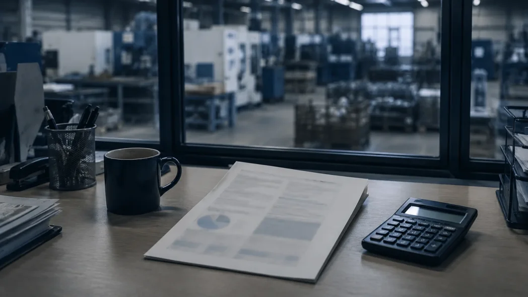 Rapport met grafieken en een rekenmachine op een bureau bij de machinehal