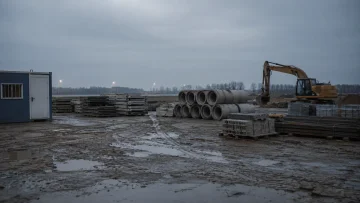 Werkterrein met betonbuizen, stapels materiaal en een graafmachine