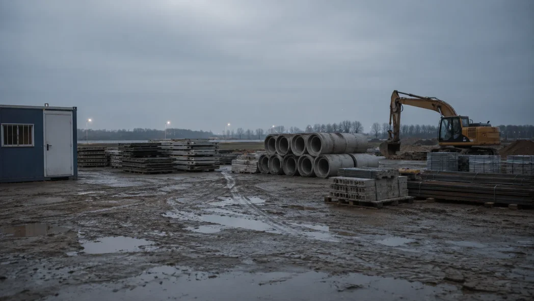 Werkterrein met betonbuizen, stapels materiaal en een graafmachine
