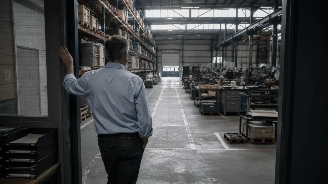 Man in een deuropening kijkt een lange machinehal in