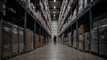Lange gang met hoge stellingen vol gewikkelde pallets
