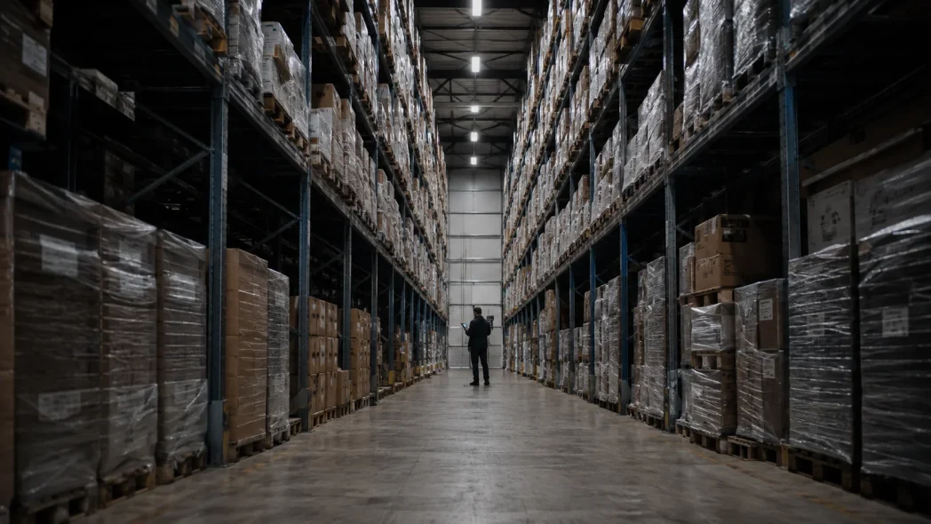 Lange gang met hoge stellingen vol gewikkelde pallets