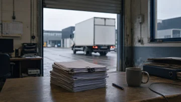 Stapel facturen op een bureau, op de achtergrond vertrekt een vrachtwagen