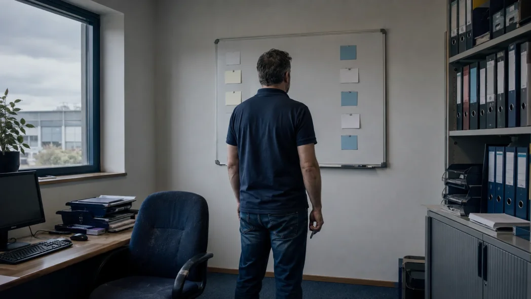 Man staat in een kantoor voor een whiteboard met enkele memo's