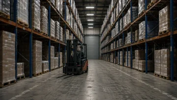Stilstaande heftruck in een gang tussen stellingen met gewikkelde pallets