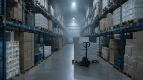 Palletwagen in een gang van een foodmagazijn vol dozen