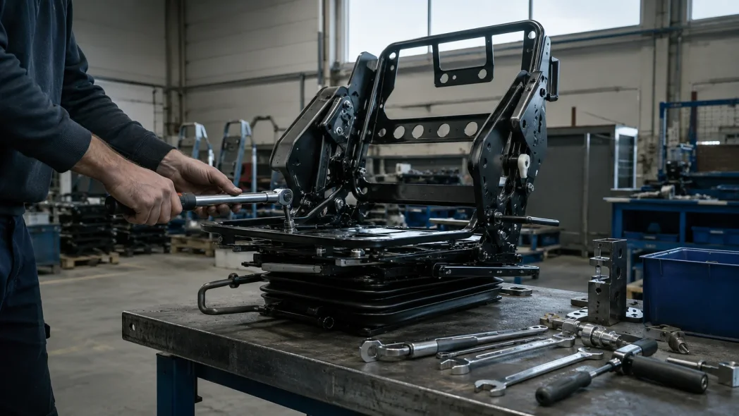Monteur zet een metalen frame in elkaar op een werkbank met gereedschap