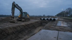 Graafmachine bij een open sleuf met betonbuizen klaar voor plaatsing