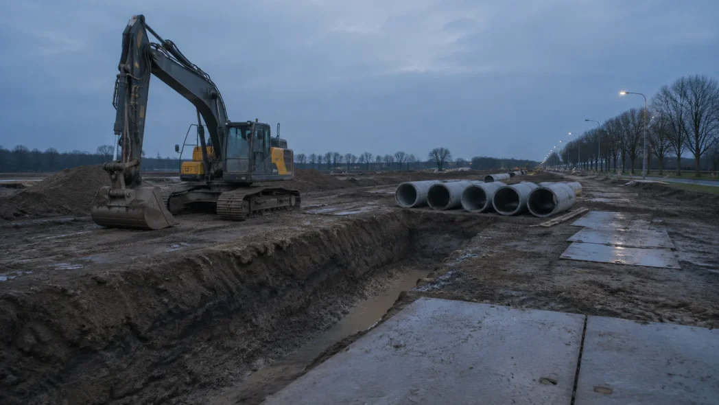 Graafmachine bij een open sleuf met betonbuizen klaar voor plaatsing