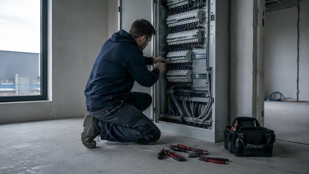 Elektromonteur werkt aan een open verdeelkast in een ruwbouwruimte