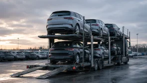Autotransporter geladen met personenauto's op een nat terrein