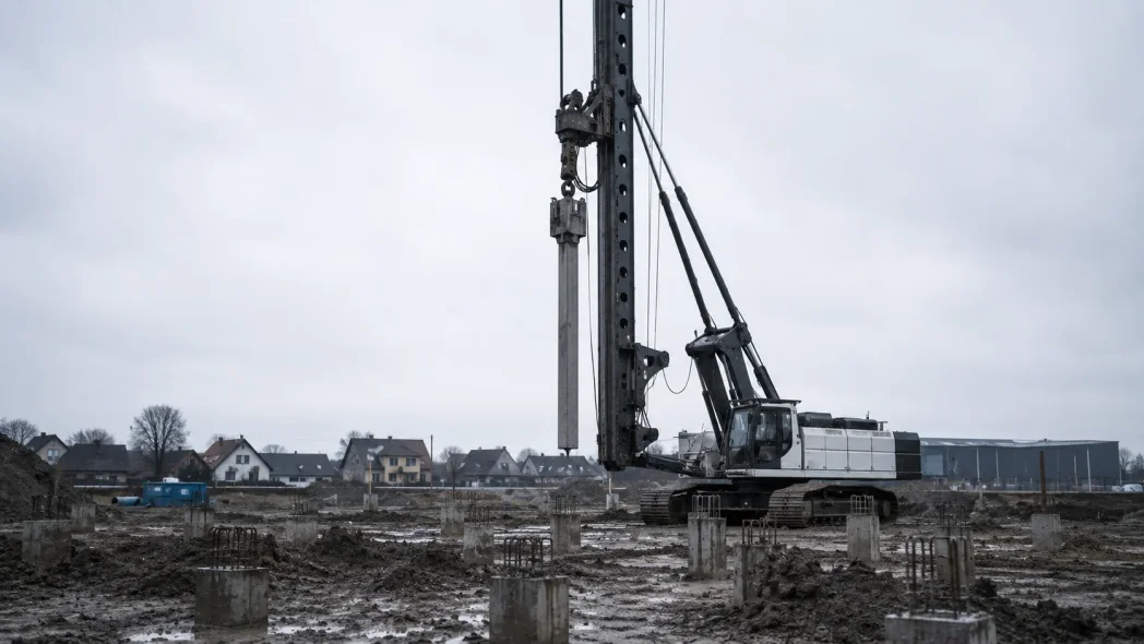 Heistelling op een bouwterrein met gestorte funderingspalen op de voorgrond