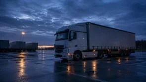 Vrachtwagen met huifoplegger op een nat terrein bij avond