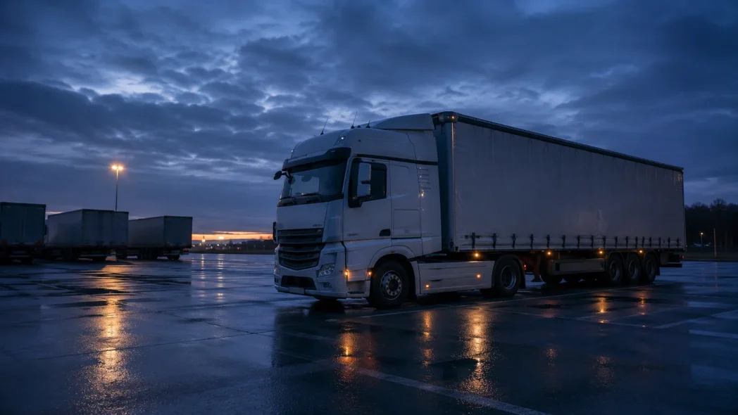 Vrachtwagen met huifoplegger op een nat terrein bij avond