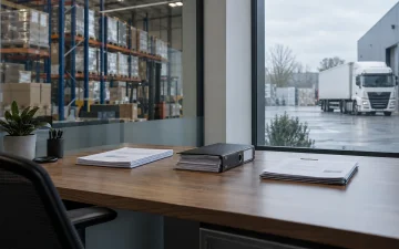 Een bureau met uitzicht op zowel het magazijn als het terrein, met drie sets documenten