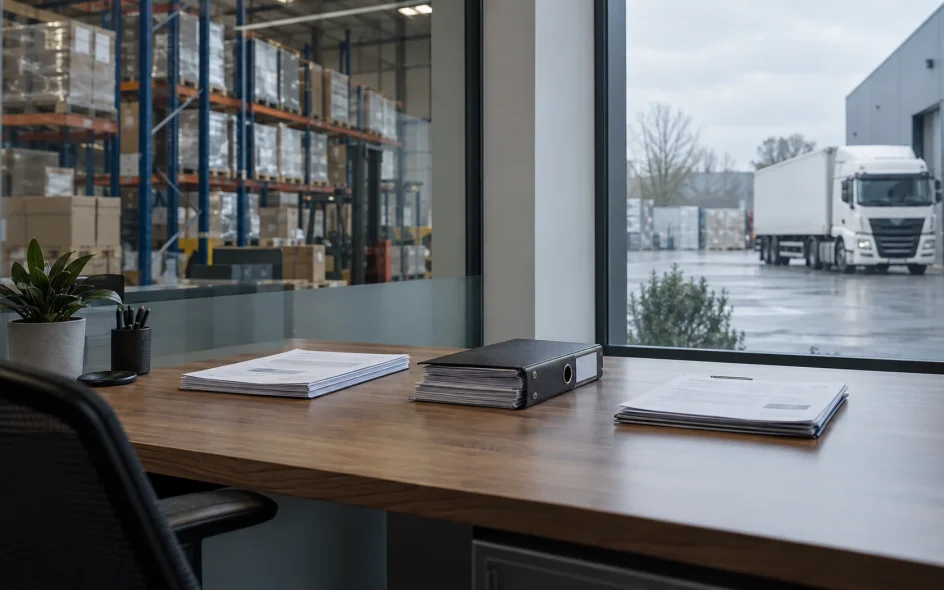 Een bureau met uitzicht op zowel het magazijn als het terrein, met drie sets documenten