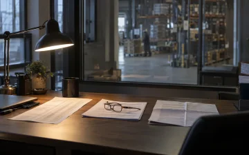 Drie soorten documenten naast elkaar onder een bureaulamp, magazijn achter glas