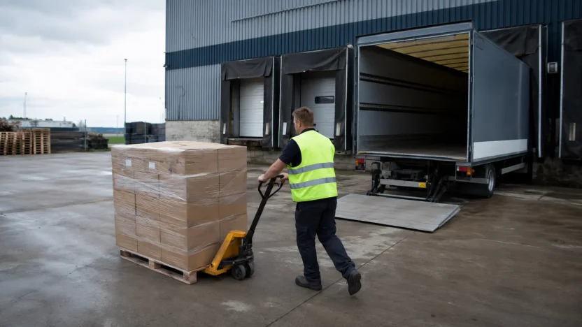 Medewerker trekt een pallet met dozen naar een openstaande vrachtwagen bij het laaddock