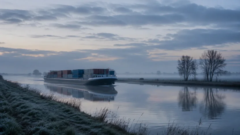 Binnenvaartschip met containers vaart bij dageraad door een mistig kanaal