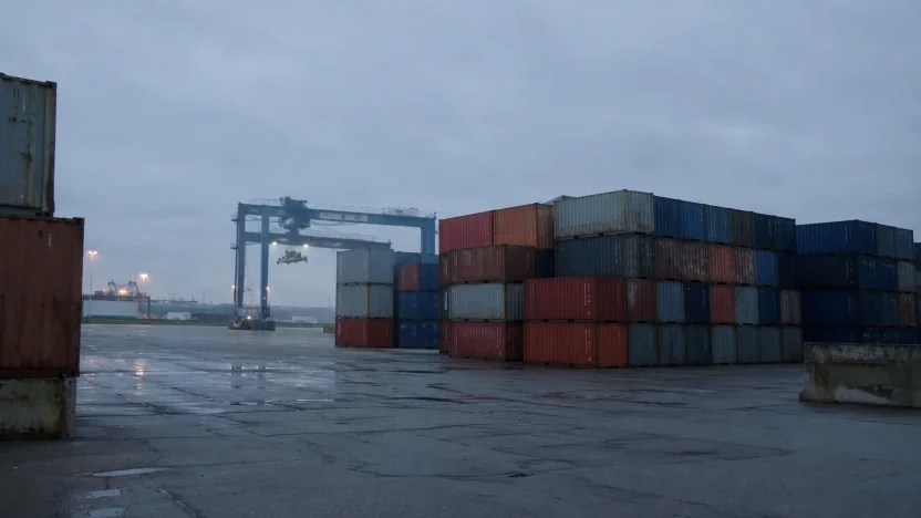 Containerterminal in de schemering met gestapelde containers en een portaalkraan