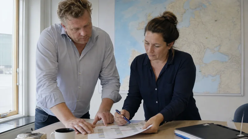 Twee ondernemers bekijken orderoverzichten aan een tafel, met een kaart van Europa op de wand
