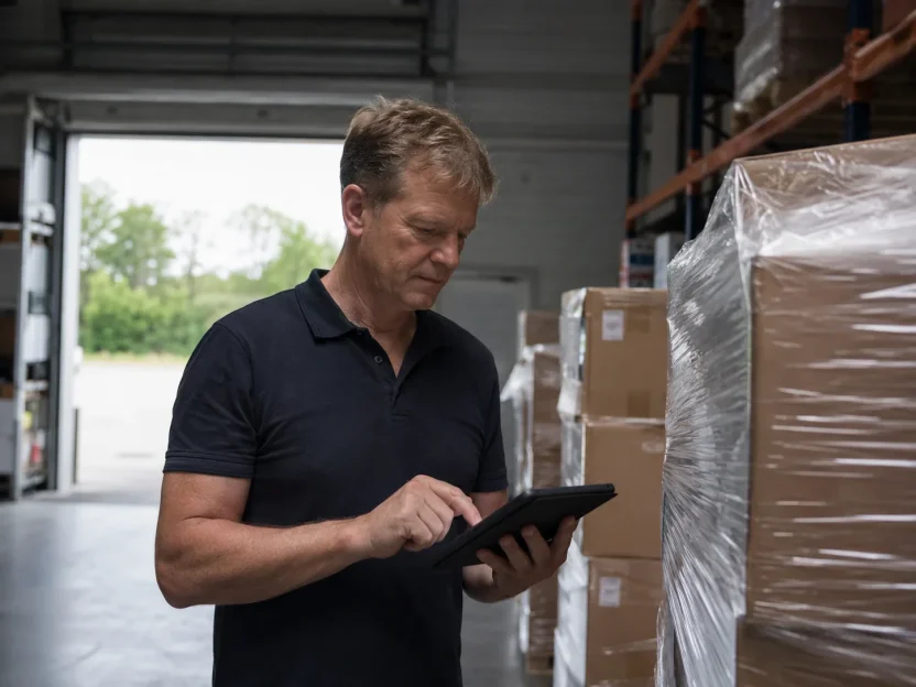 Ondernemer bekijkt zijn voorraad op een tablet naast gewikkelde pallets in het magazijn