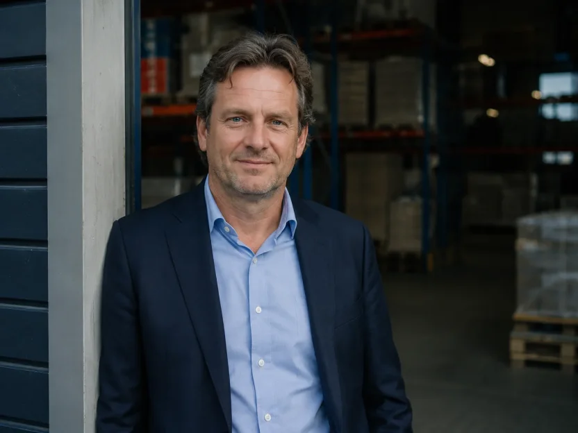 Ondernemer in colbert staat in de deuropening van zijn magazijn