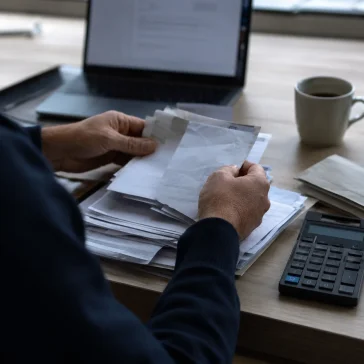 Handen sorteren een stapel facturen aan een bureau met laptop en rekenmachine