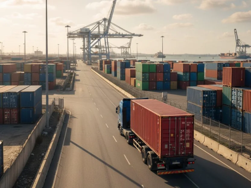 Vrachtwagen met container rijdt over een terminalweg tussen gestapelde containers en portaalkranen